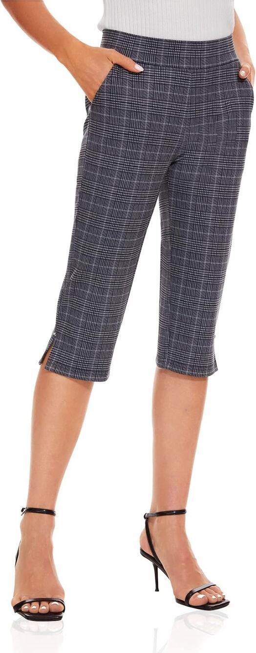 Ginasy Womens Black Plaid Capri Pants Size XL Tummy Control Leggings Pockets